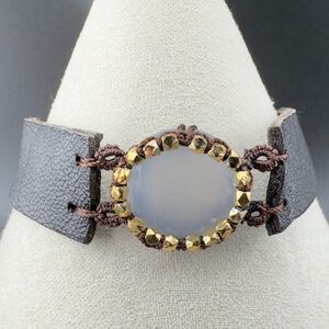 Artisan Handmade Leather Strap Bead Chaledoncy Stone 14k Gold Filled Bracelet